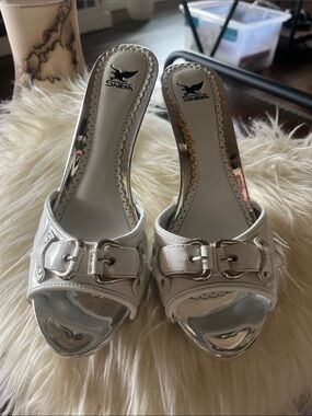 LIKE NEW ! Shiekh White and Silver Slip-On Mules with Buckle Detail